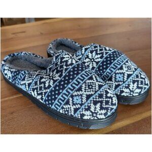 AVON Fair Isle Slipper Blue Knit Slip on w/Grey Faux-Sherpa Lining Size L (9-10)